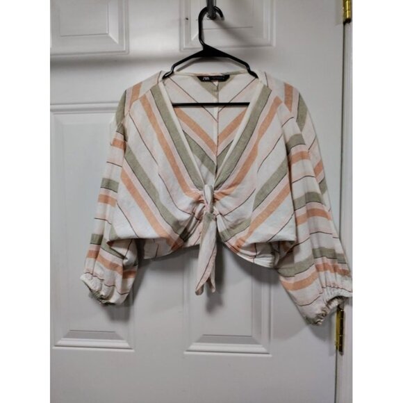Zara Womens Striped Crop Top With V-Neck & Tie Front XS Linen Blend Made In Moro - Picture 2 of 13